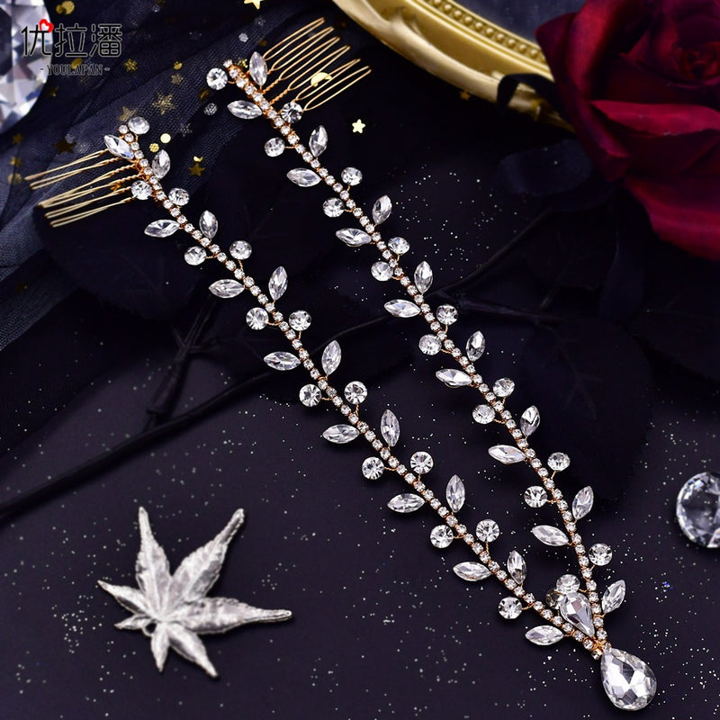 Youlapan Cross-Border European and American Simple Hairband with Rhinestones and Water Drop Design, Forehead Hair Chain, Symmetrical Hair Accessory Hp465