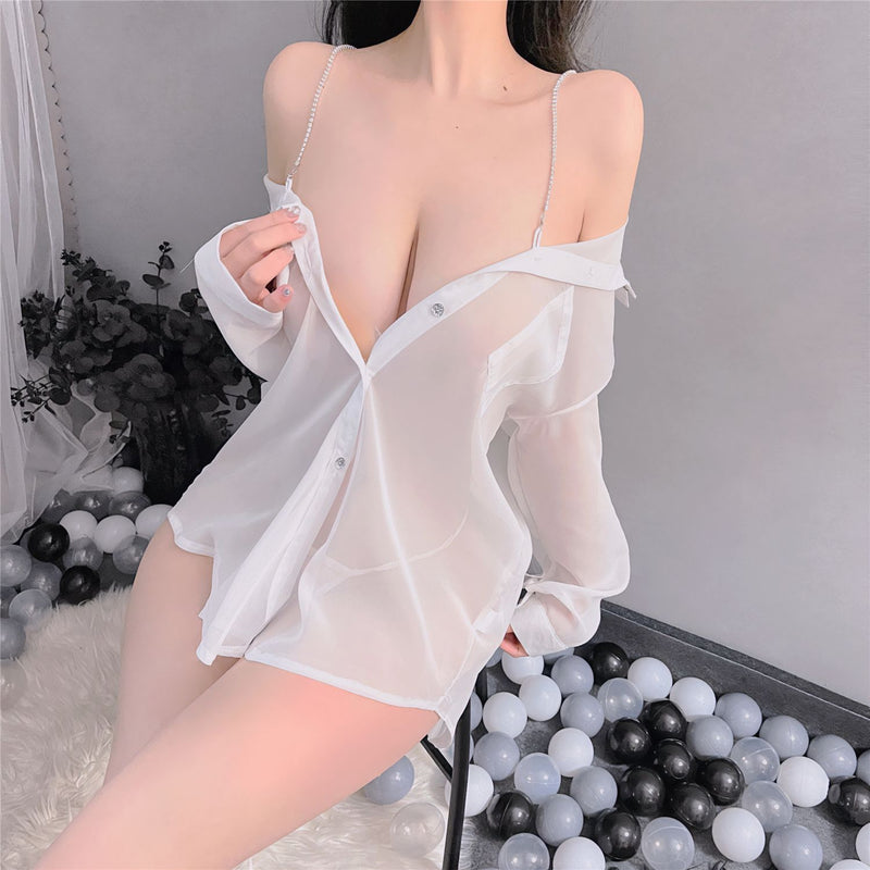 Plus-Size Lingerie Boyfriend Shirt Sexy See-Through Cute Pajamas Camisole Internet Celebrity Live Streaming Outfit Sexy Lace