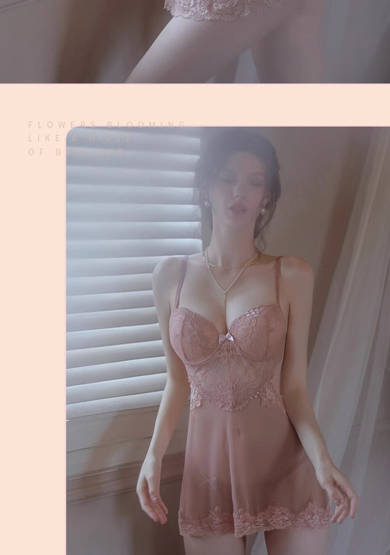 Sexy Lingerie with Breast Pads, Female Sexy Lace Suspender Nightgown, Pure Desire See-Through Small Breast Push-Up Suspender Nightgown for Women Qq
