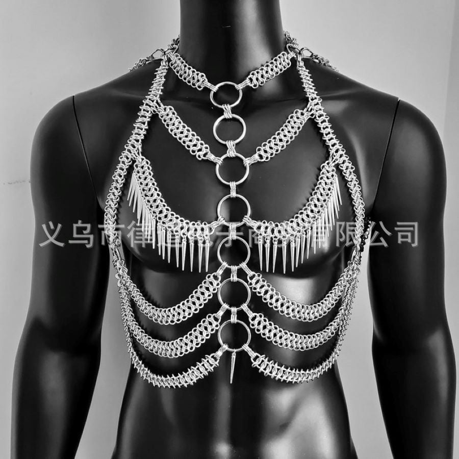 European and American Cross-Border Men's Heavy Metal Body Chain Personalized Street Shooting Multi-Layer Rivet Vest Performance Shooting Accessories