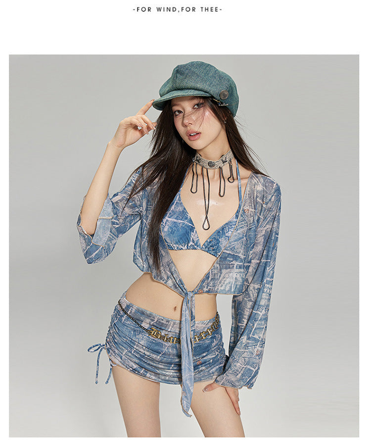 2024 New Korean Style Split Four-Piece Swimsuit, Feminine Small Breasts, Pure Desire, High-End Bikini Hot Spring Swimsuit