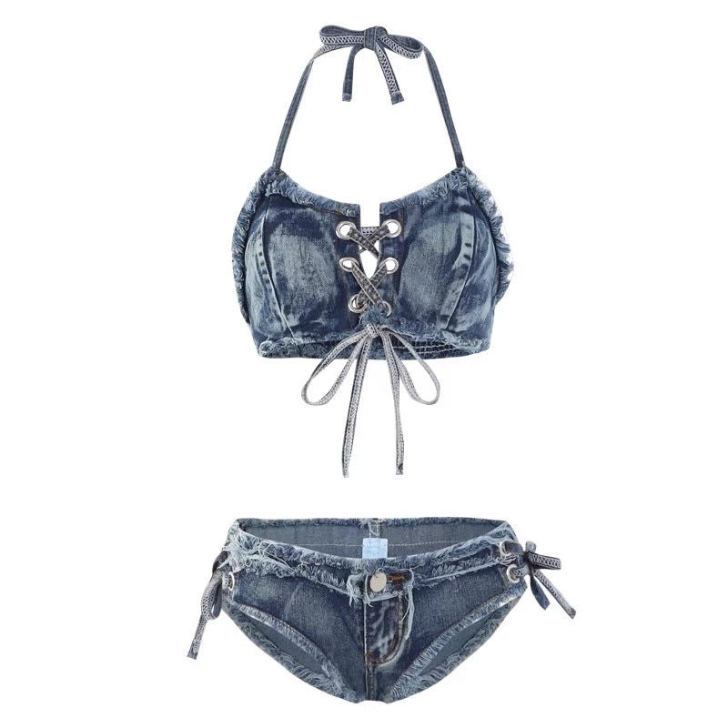 Internet Celebrity Sexy Pure Lust Hot Girl Denim Bikini White Slimming Small Breast Strap Split Vacation Swimsuit Women Summer