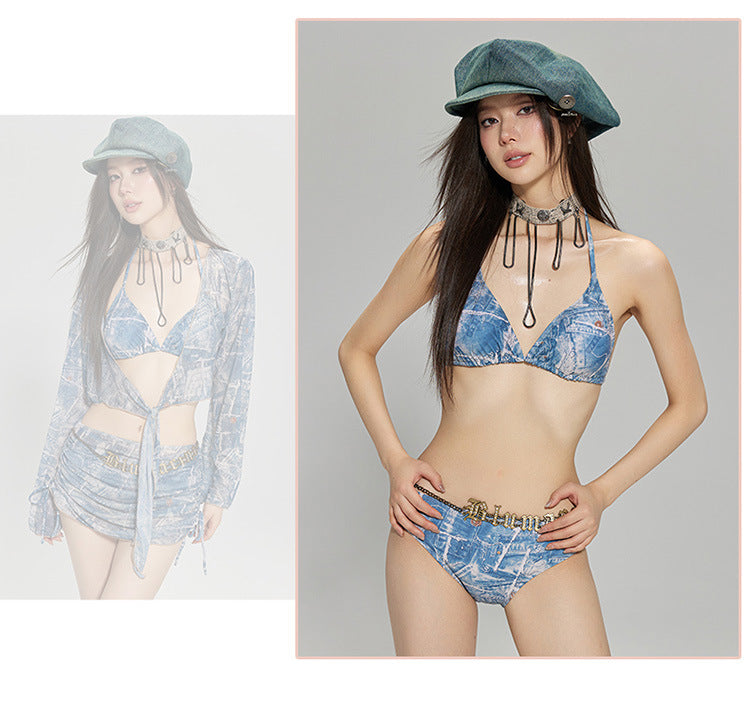 2024 New Korean Style Split Four-Piece Swimsuit, Feminine Small Breasts, Pure Desire, High-End Bikini Hot Spring Swimsuit