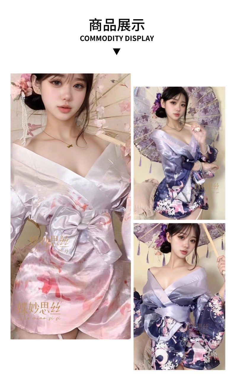 Diyi Miao Si Sexy Lingerie Deep V Floral Fox Dream Two-Dimensional Open-Front Japanese Retro Style Kimono Set A515