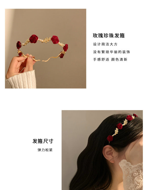 Cross-border Retro Dry Rose Red Flower Pearl Headband Women's High-end Sense Niche Hair Clamp Headband Bridal Headwear