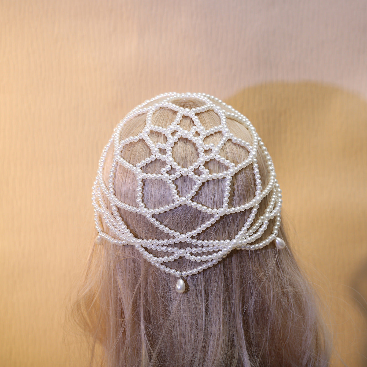 Handmade Beaded Pearl Mesh Hat Hair Net Bridal Dress Headdress Exotic Style High-End Niche Water Drop Hair Hoop Hair Cover