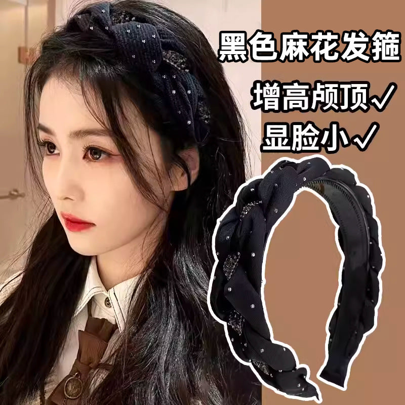 Black Rhinestone Twist High Crown Headband for Women, Versatile Hair Accessory for Going Out, Face Washing Headband