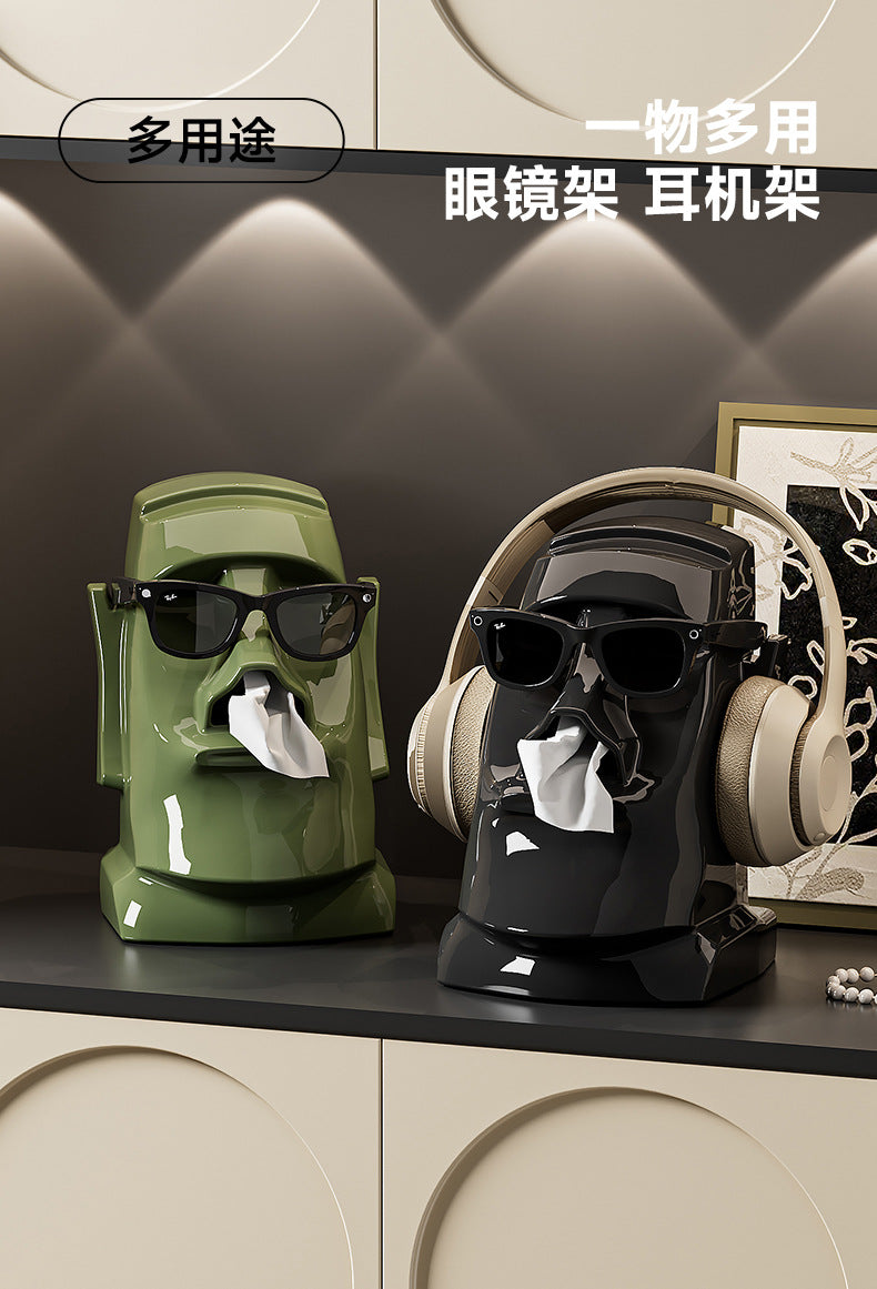 Creative Tissue Box Household Multifunctional Earphone Rack Large Capacity Built-in Spring Easter Island Moai Stone Tissue Box