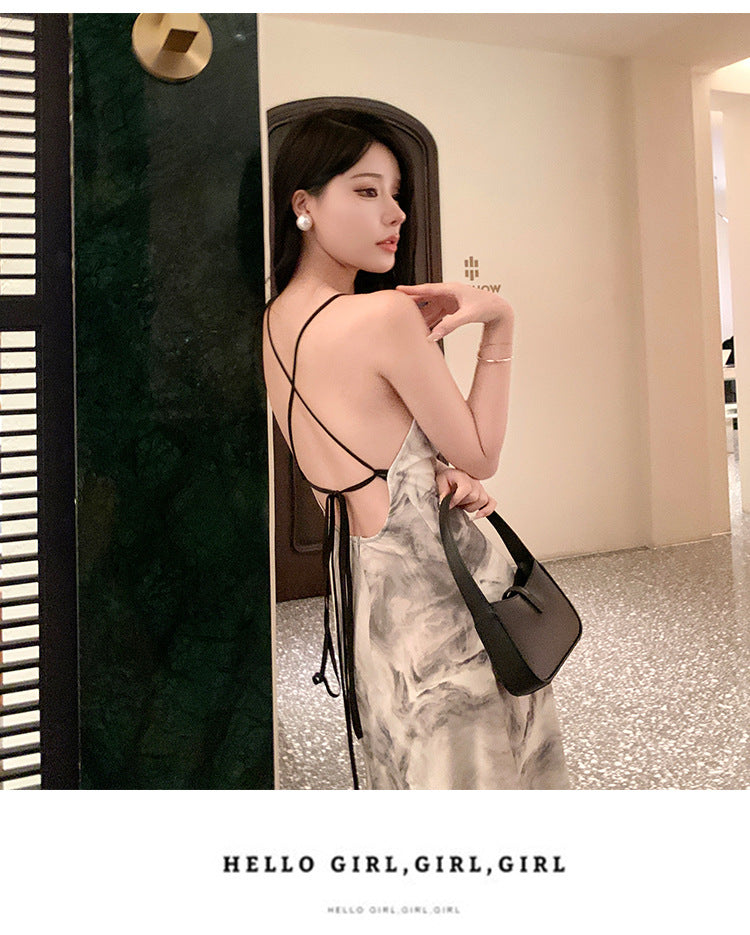 Ink Painting Suspender Dress for Women Summer 2025 New New Chinoiserie Backless Elegant Design Long Skirt Summer Dress