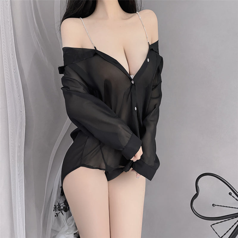 Plus-Size Lingerie Boyfriend Shirt Sexy See-Through Cute Pajamas Camisole Internet Celebrity Live Streaming Outfit Sexy Lace