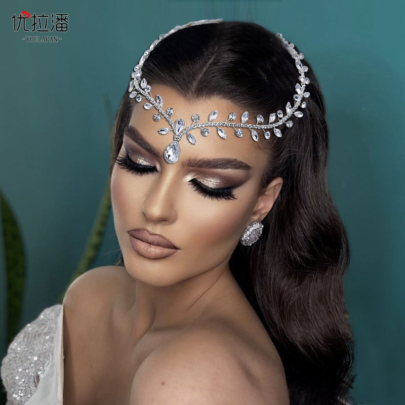 Youlapan Cross-Border European and American Simple Hairband with Rhinestones and Water Drop Design, Forehead Hair Chain, Symmetrical Hair Accessory Hp465