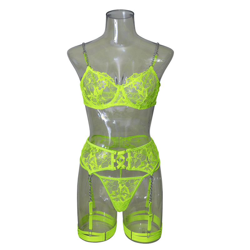 Ins Cross-Border Aliexpress Best-Selling Mesh Embroidered Hanging Chain Garter Cut Out Cross Sexy Lingerie Four-Piece Set