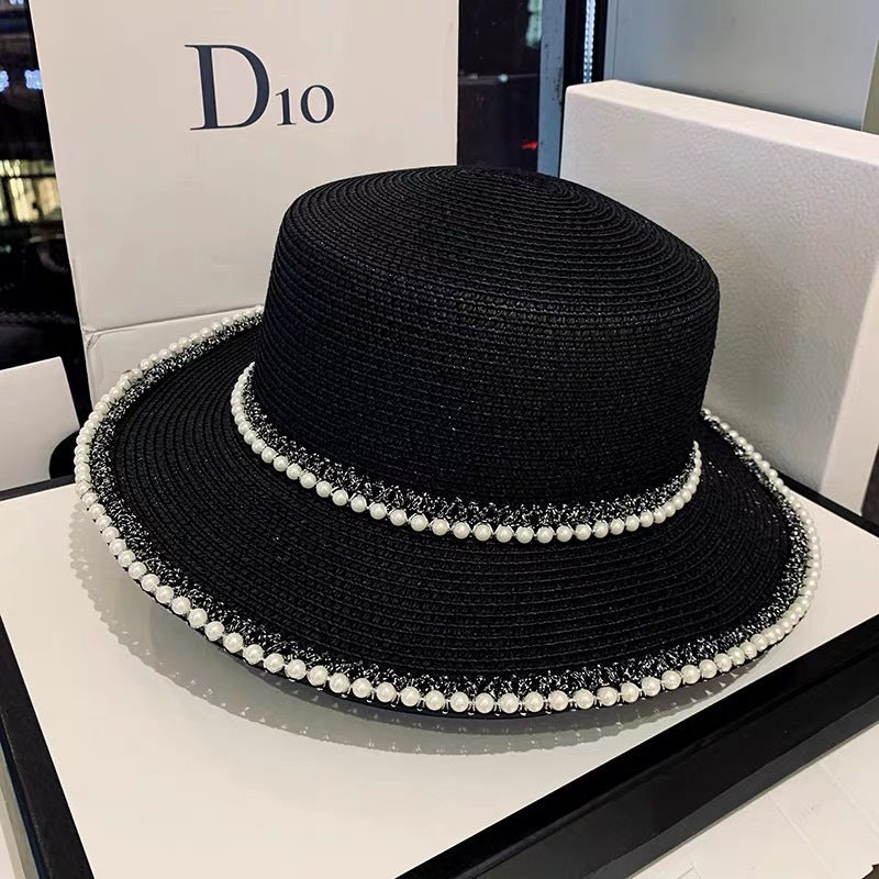 Summer Sunscreen Hat Korean Style Trendy Pearl Straw Hat Women's Seaside Sunshade Hat Outdoor UV Protection Sun Hat