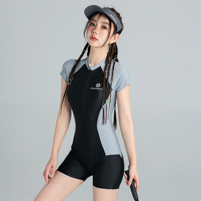 Korean Ins One-Piece New Style Swimsuit for Women, Conservative Square-Leg Athletic Style, Small Bust, Fresh Style, Hot Spring Wholesale Cross-Border Swimwear