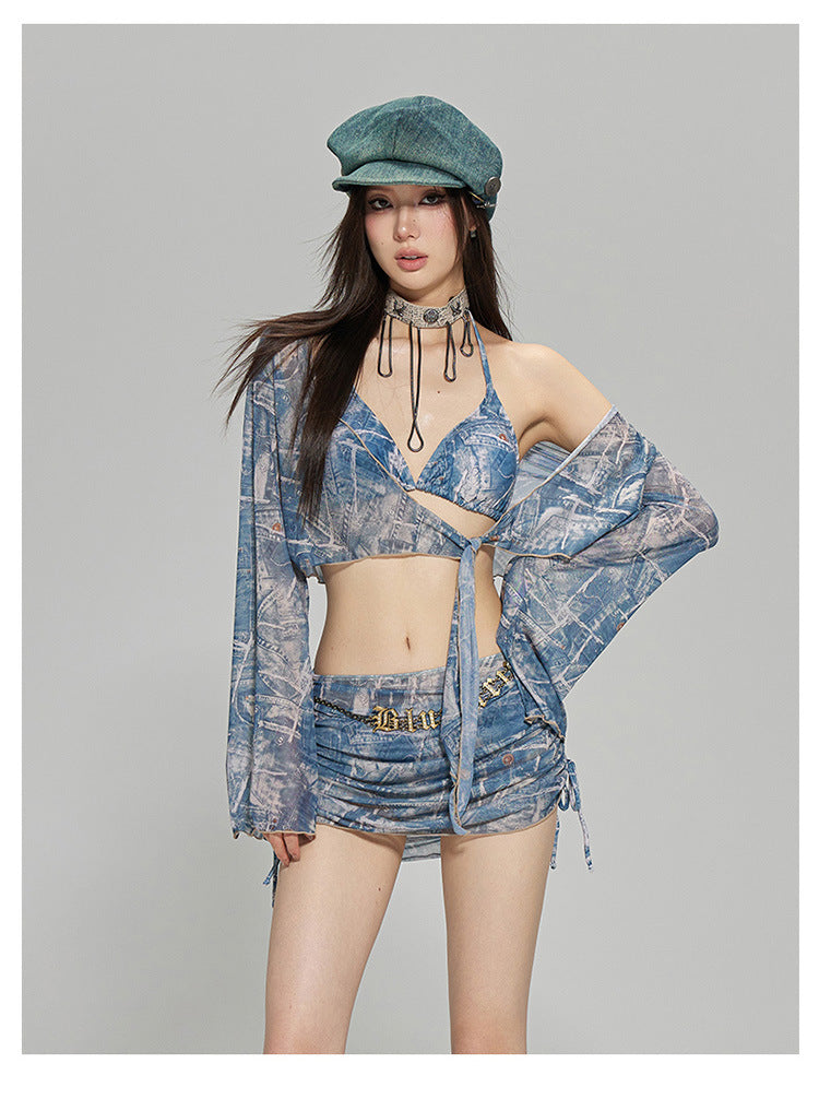 2024 New Korean Style Split Four-Piece Swimsuit, Feminine Small Breasts, Pure Desire, High-End Bikini Hot Spring Swimsuit