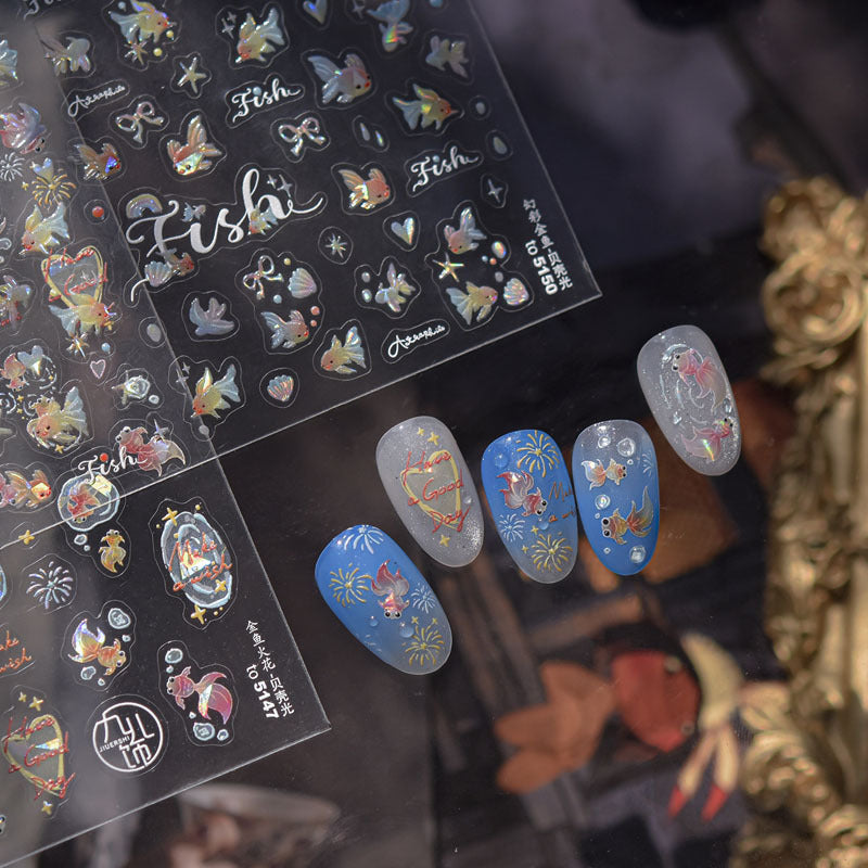 Goldfish Spark Nail Art Stickers Embossed New 3D Three-Dimensional 5D Internet Celebrity Ins National Style Koi Nail Stickers Decoration