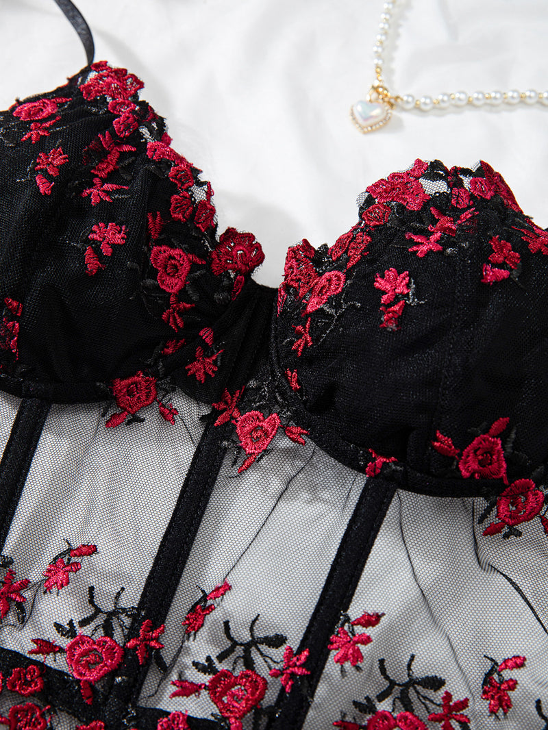 Cross-border Explosions Embroidered Floral Small Sling Fishbone Three-breasted Adjustable Corset Jacket INS Style