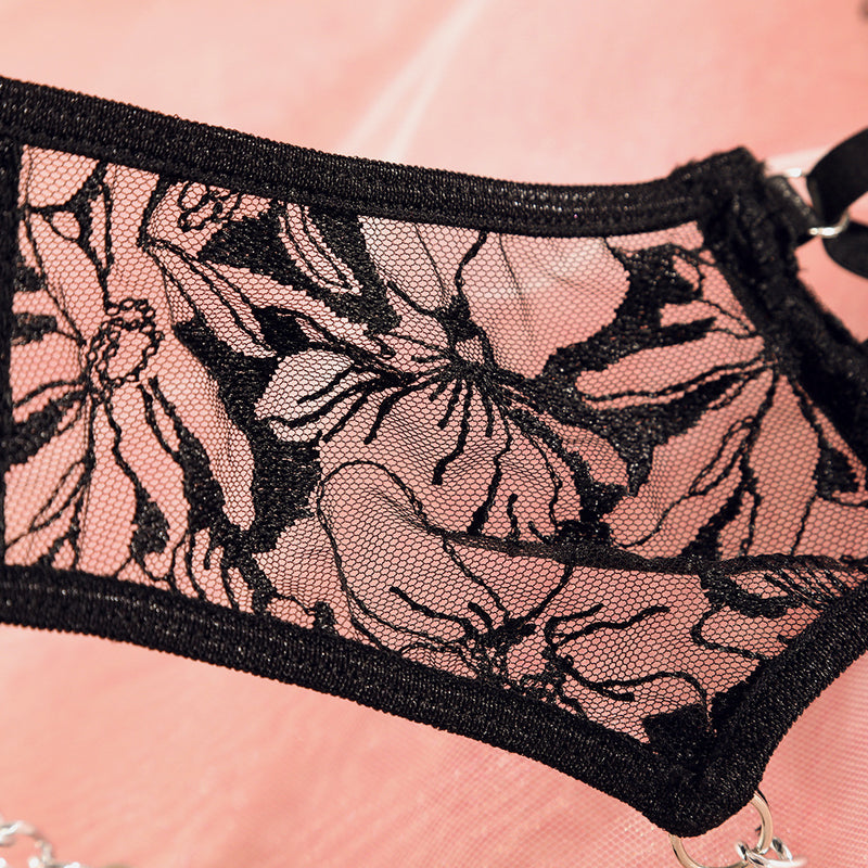 Ins Cross-Border Aliexpress Best-Selling Mesh Embroidered Hanging Chain Garter Cut Out Cross Sexy Lingerie Four-Piece Set