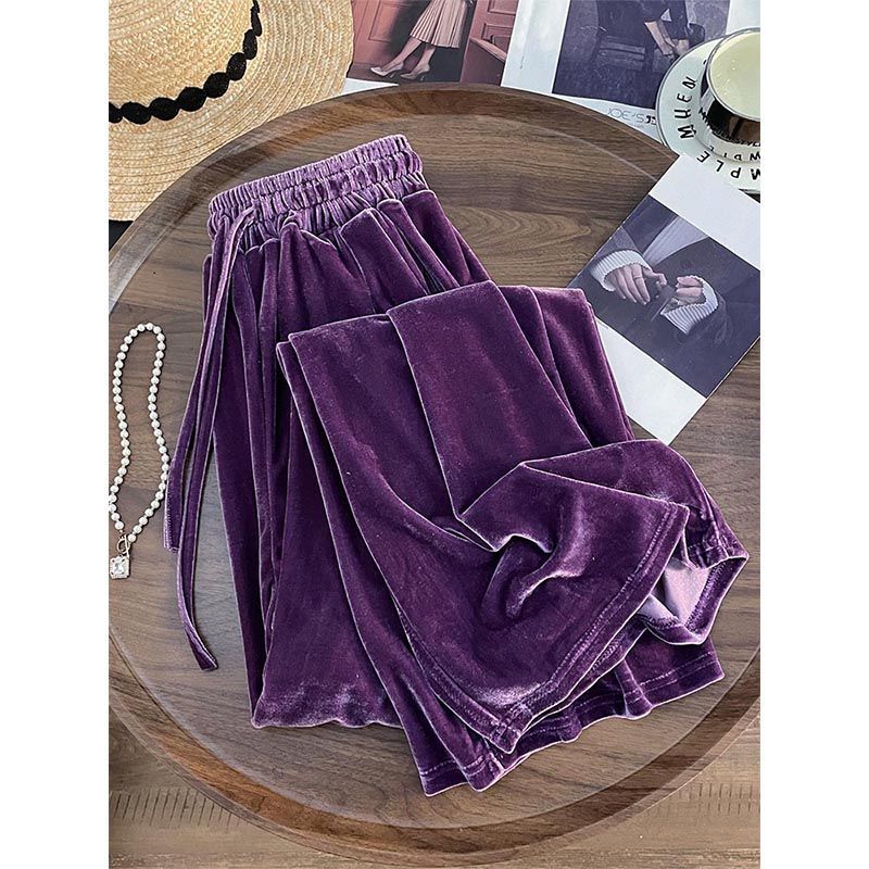 Purple High-grade Gold Velvet Pants Women's Autumn and Winter New Dosing fleece-lined Loose Belly Covering Slimming Straight Casual Pants