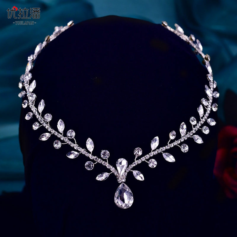 Youlapan Cross-Border European and American Simple Hairband with Rhinestones and Water Drop Design, Forehead Hair Chain, Symmetrical Hair Accessory Hp465