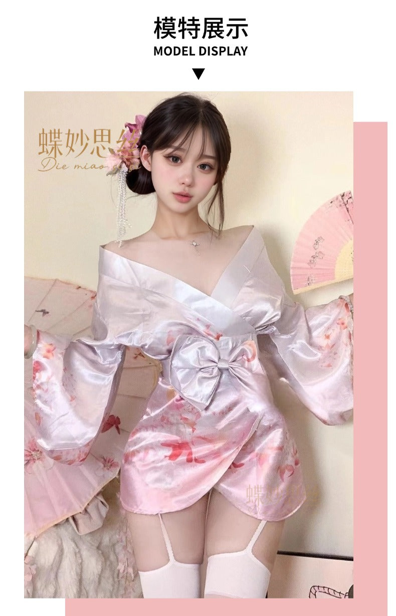 Diyi Miao Si Sexy Lingerie Deep V Floral Fox Dream Two-Dimensional Open-Front Japanese Retro Style Kimono Set A515