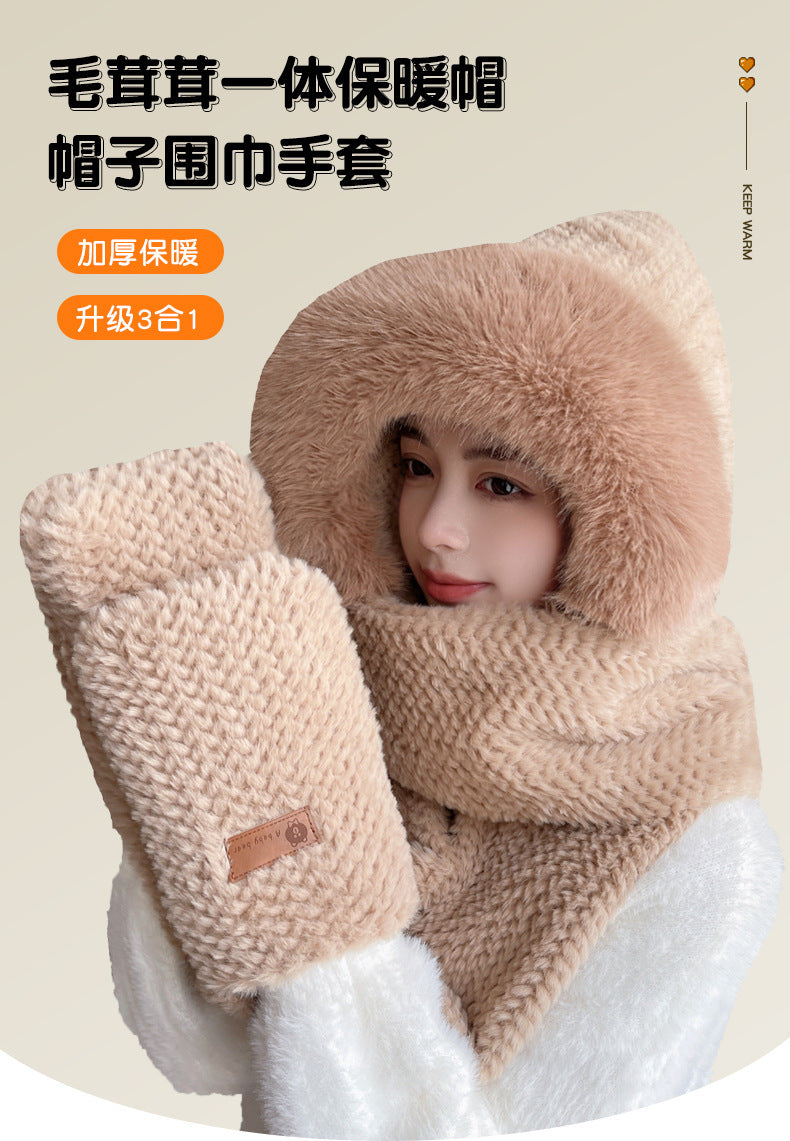 Fox Ear Hat and Scarf All-In-One Hat for Women in Winter, Cute Plush Fleece-Lined, Thickeneded and Warm, Two-Piece Set with Scarf
