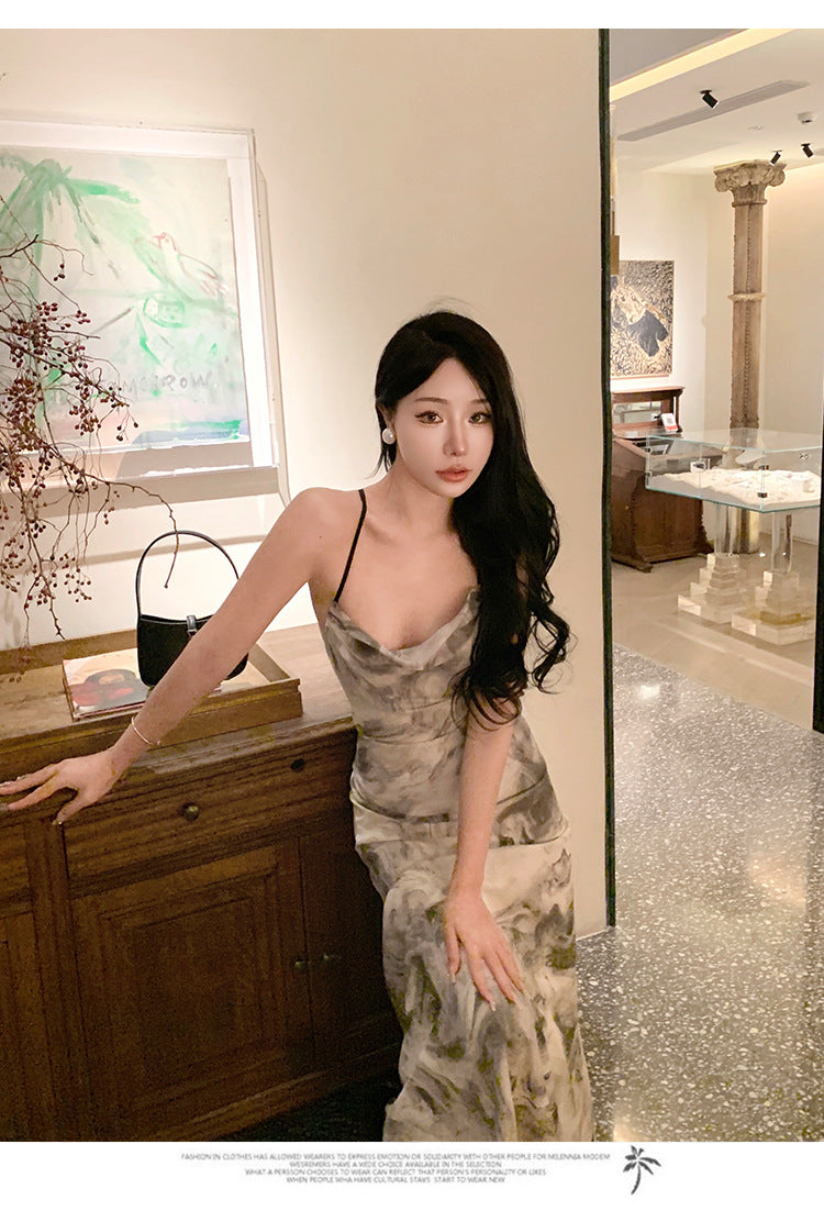Ink Painting Suspender Dress for Women Summer 2025 New New Chinoiserie Backless Elegant Design Long Skirt Summer Dress