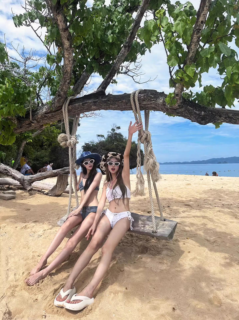 Internet Celebrity Sexy Pure Lust Hot Girl Denim Bikini White Slimming Small Breast Strap Split Vacation Swimsuit Women Summer