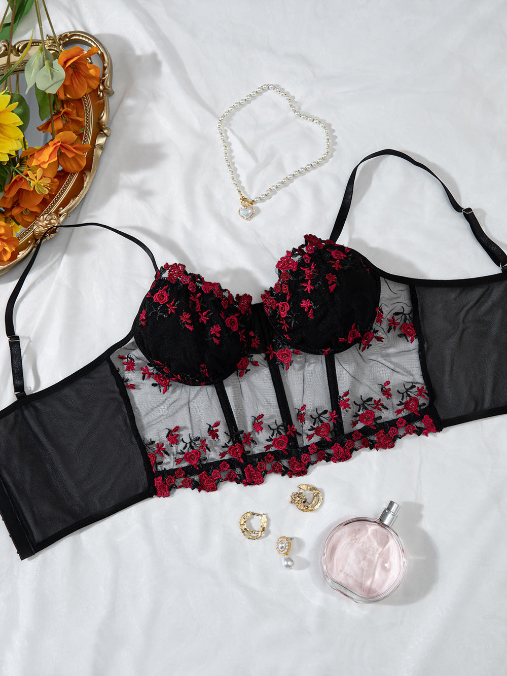Cross-border Explosions Embroidered Floral Small Sling Fishbone Three-breasted Adjustable Corset Jacket INS Style