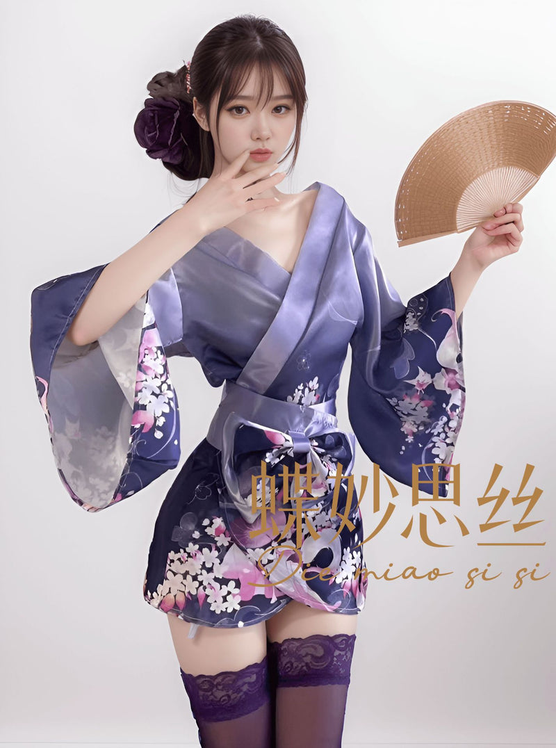 Diyi Miao Si Sexy Lingerie Deep V Floral Fox Dream Two-Dimensional Open-Front Japanese Retro Style Kimono Set A515