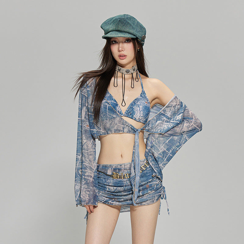 2024 New Korean Style Split Four-Piece Swimsuit, Feminine Small Breasts, Pure Desire, High-End Bikini Hot Spring Swimsuit