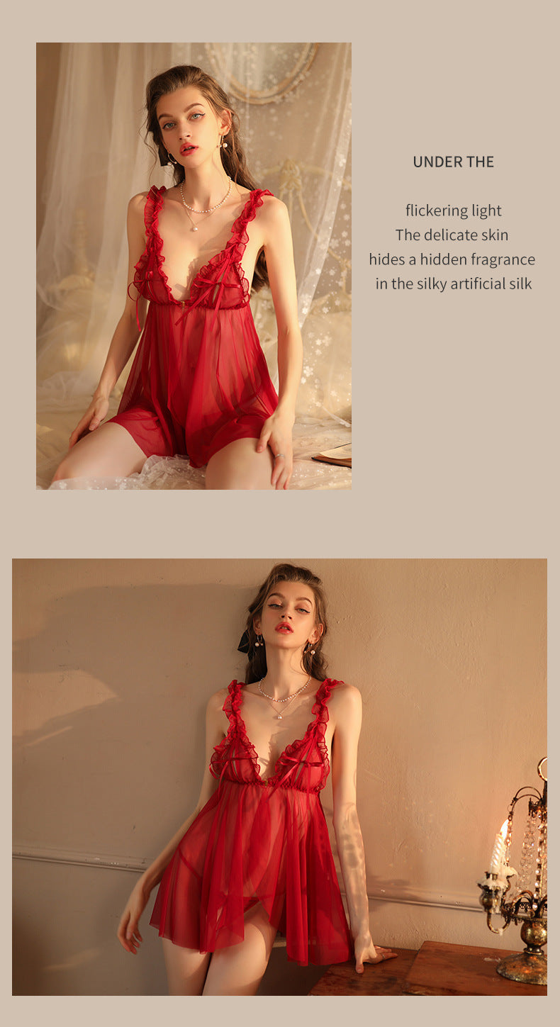 Sexy Lingerie, Sexy Pajamas, Women's See-through Lace Suspender Skirt, Ice Silk Thin Nightgown, Home Wear, Open File, No Need to Take Off