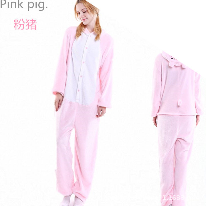 Special offer cartoon animal one-part pajamas pink pig adult autumn and winter cross-border flannel new men's and women's home clothes couple