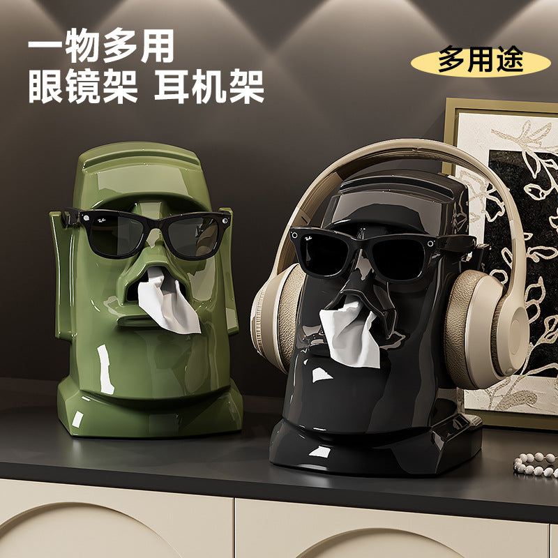 Creative Tissue Box Household Multifunctional Earphone Rack Large Capacity Built-in Spring Easter Island Moai Stone Tissue Box