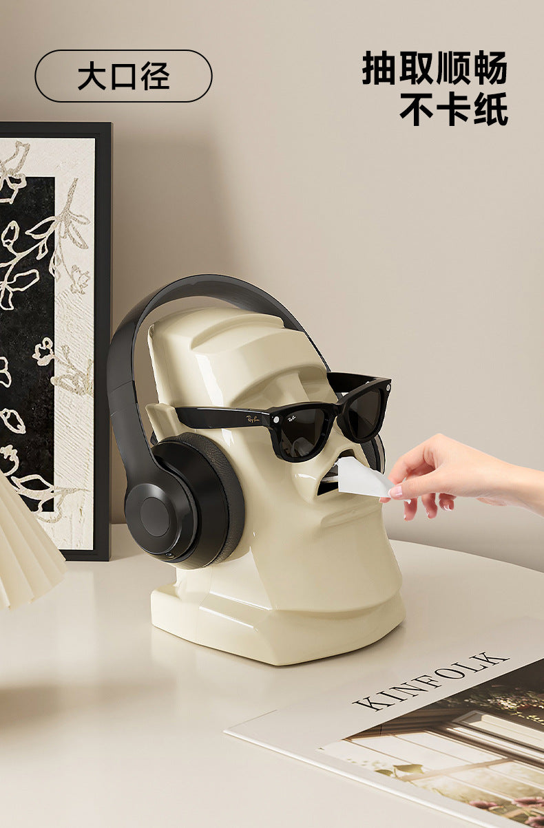 Creative Tissue Box Household Multifunctional Earphone Rack Large Capacity Built-in Spring Easter Island Moai Stone Tissue Box