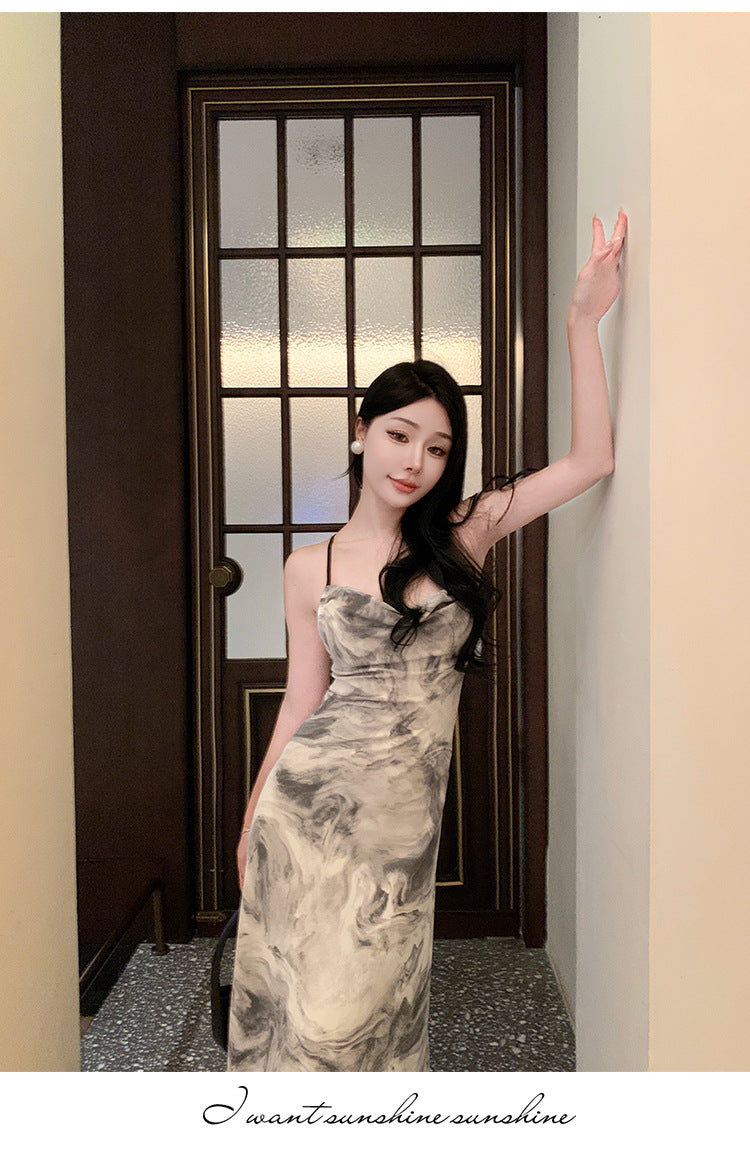 Ink Painting Suspender Dress for Women Summer 2025 New New Chinoiserie Backless Elegant Design Long Skirt Summer Dress
