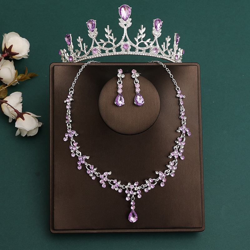 2024 New Bridal Headwear Three-Piece Crown Necklace Set Wedding Hair Accessories Wedding Accessories Jewelry Korean Style