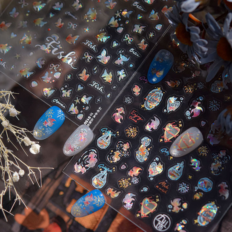 Goldfish Spark Nail Art Stickers Embossed New 3D Three-Dimensional 5D Internet Celebrity Ins National Style Koi Nail Stickers Decoration