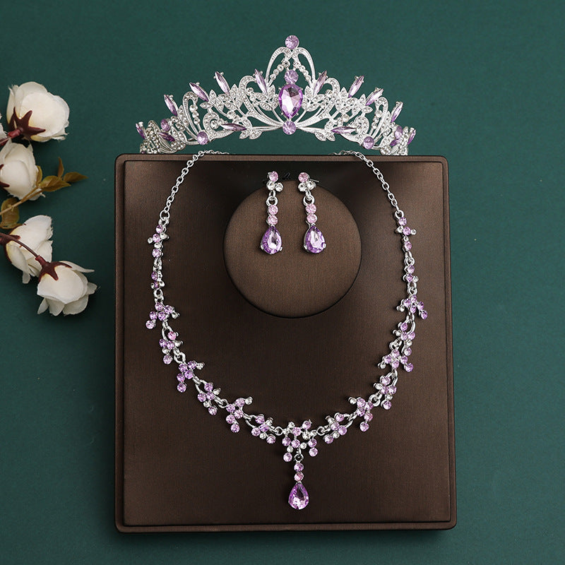 2024 New Bridal Headwear Three-Piece Crown Necklace Set Wedding Hair Accessories Wedding Accessories Jewelry Korean Style