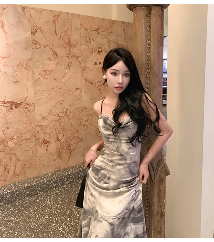 Ink Painting Suspender Dress for Women Summer 2025 New New Chinoiserie Backless Elegant Design Long Skirt Summer Dress
