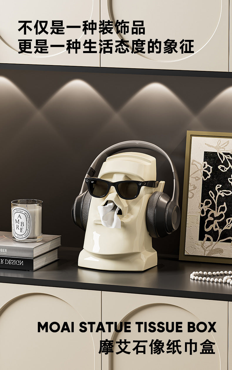 Creative Tissue Box Household Multifunctional Earphone Rack Large Capacity Built-in Spring Easter Island Moai Stone Tissue Box