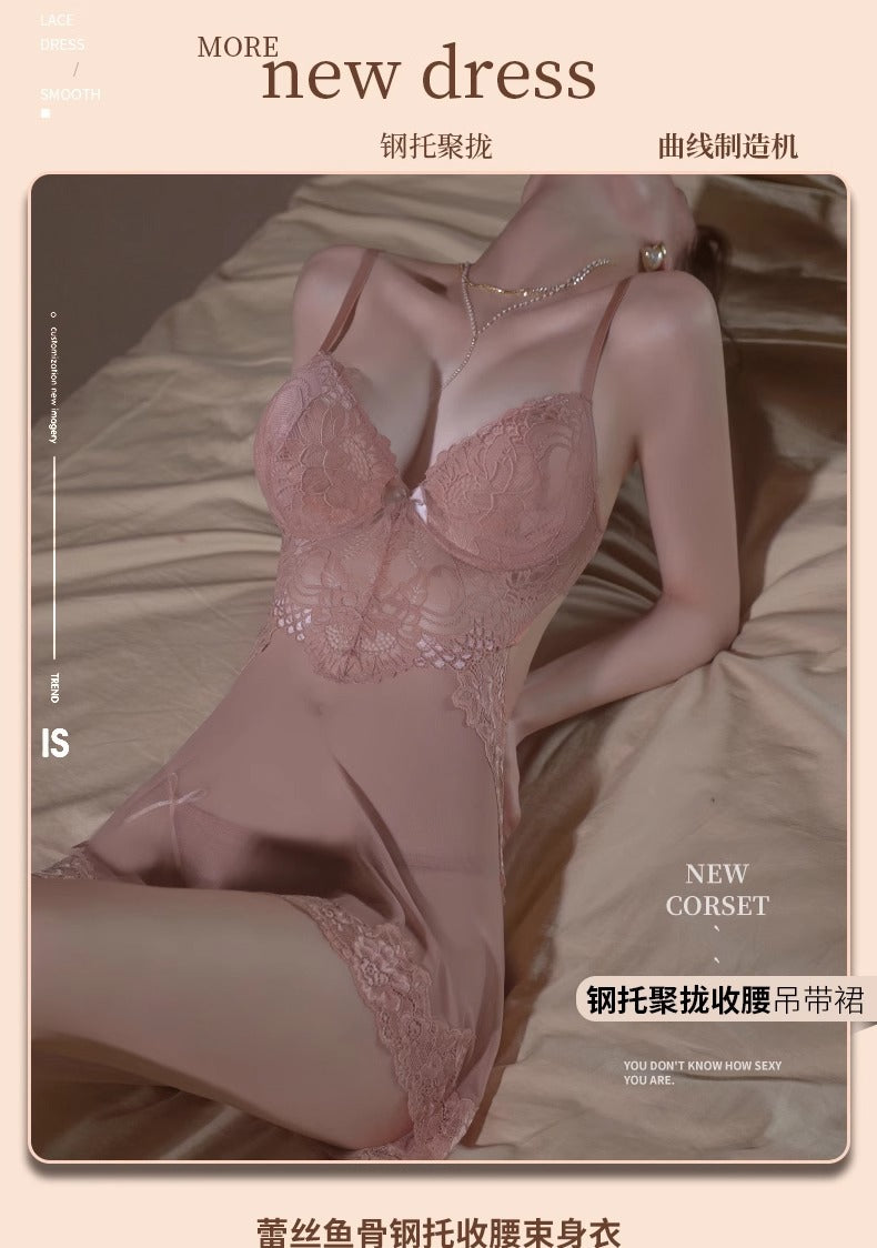 Sexy Lingerie with Breast Pads, Female Sexy Lace Suspender Nightgown, Pure Desire See-Through Small Breast Push-Up Suspender Nightgown for Women Qq