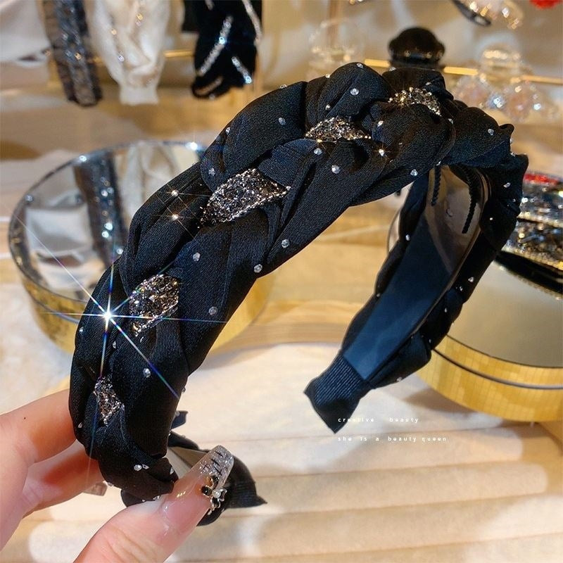 Black Rhinestone Twist High Crown Headband for Women, Versatile Hair Accessory for Going Out, Face Washing Headband