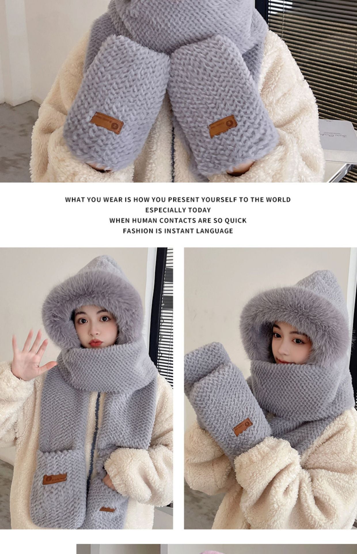 Fox Ear Hat and Scarf All-In-One Hat for Women in Winter, Cute Plush Fleece-Lined, Thickeneded and Warm, Two-Piece Set with Scarf