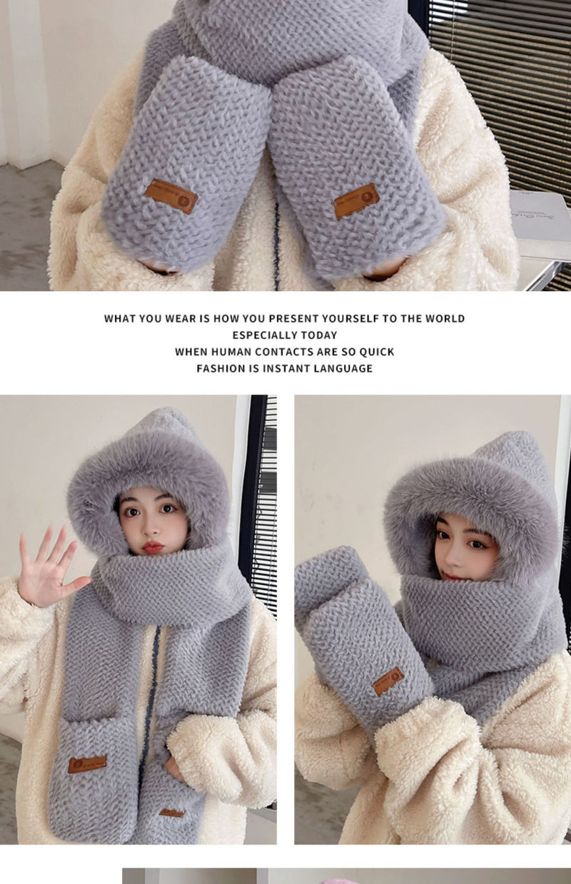 Fox Ear Hat and Scarf All-In-One Hat for Women in Winter, Cute Plush Fleece-Lined, Thickeneded and Warm, Two-Piece Set with Scarf