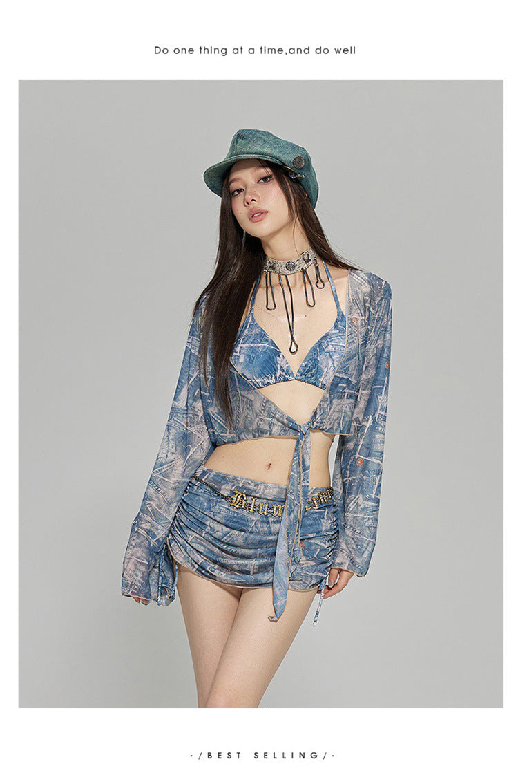 2024 New Korean Style Split Four-Piece Swimsuit, Feminine Small Breasts, Pure Desire, High-End Bikini Hot Spring Swimsuit
