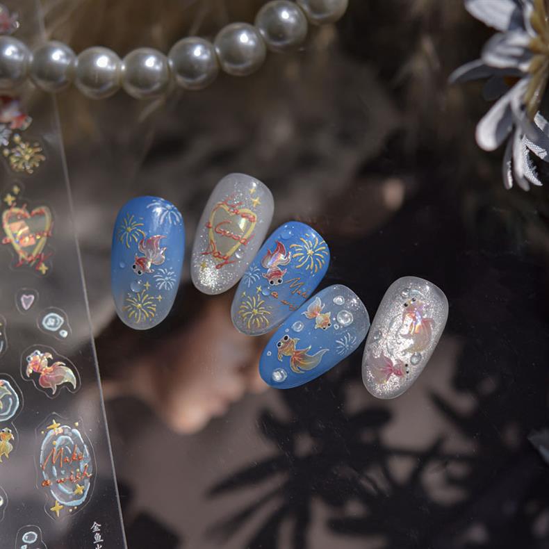 Goldfish Spark Nail Art Stickers Embossed New 3D Three-Dimensional 5D Internet Celebrity Ins National Style Koi Nail Stickers Decoration