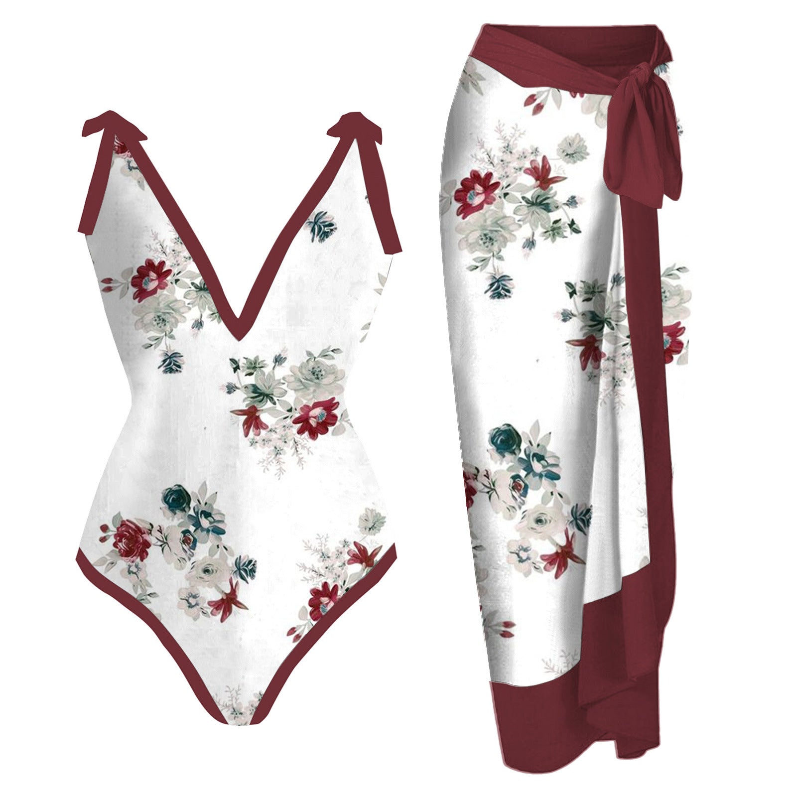 2026 European and American Foreign Trade Ins-Style Cross-Border Aliexpress Printed Swimsuit One-Piece Chiffon Hip-Covering Skirt Two-Piece Swimsuit