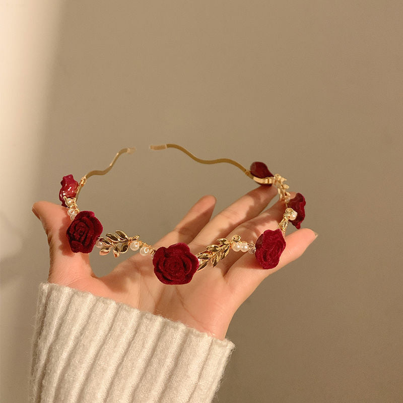 Cross-border Retro Dry Rose Red Flower Pearl Headband Women's High-end Sense Niche Hair Clamp Headband Bridal Headwear