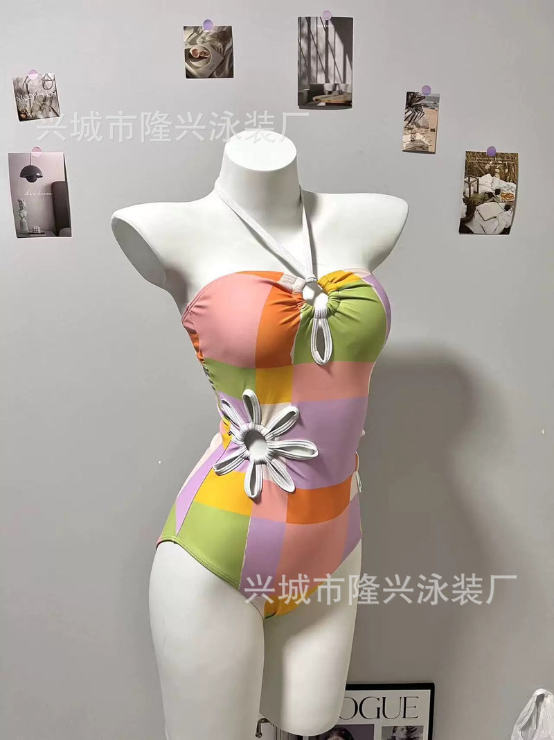 Wholesale European and American design new swimsuit women's sexy hollow simple wind neck one-piece swimsuit fashion beach vacation